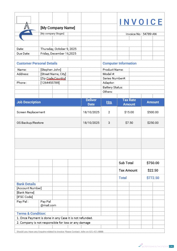 Download Computer Repair Invoice Template Photoshop template